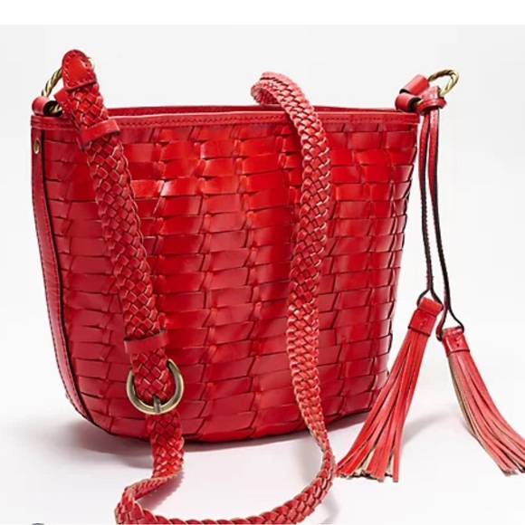 Patricia Nash Woven Leather Valbella Zip Crossbody Bright Coral Red AUTHENTIC - Picture 14 of 15